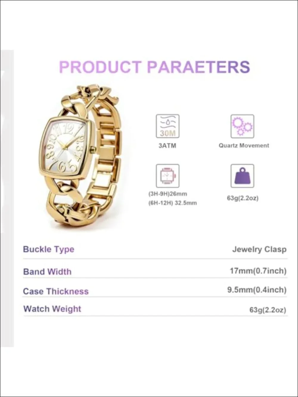 Women's Gold Metal Chain Bracelet Watch with Arabic Numerals, Easy Reader, 30m